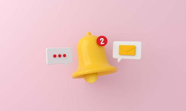 Benachrichtigungs-Glockensymbol-Alarm mit Nummer 2 und Alarmmail auf rosafarbenem Hintergrund. 3D-Rendering.