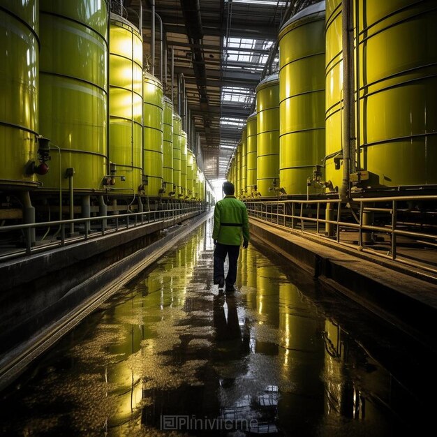 Foto benevento, italien november ein angestellter geht vorbei an olivenölsilos in einer fabrik für die