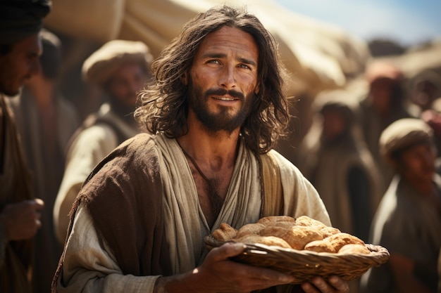 Foto la benevolencia de jesucristo proporcionando pan para los pobres un gesto atemporal de compasión y empatía que refleja las enseñanzas de humildad y servicio en la tradición cristiana