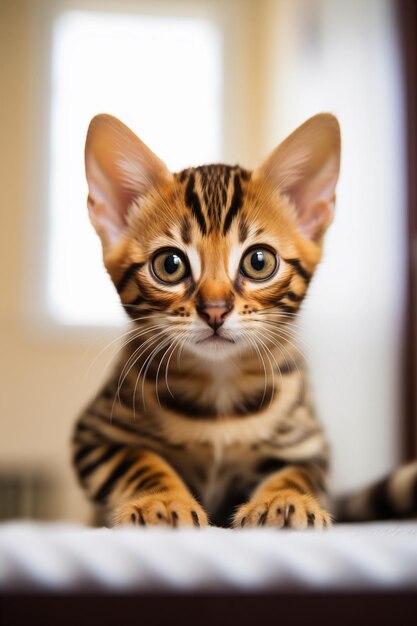 Foto bengal-kätzchen, das die kamera auf die augen fokussiert