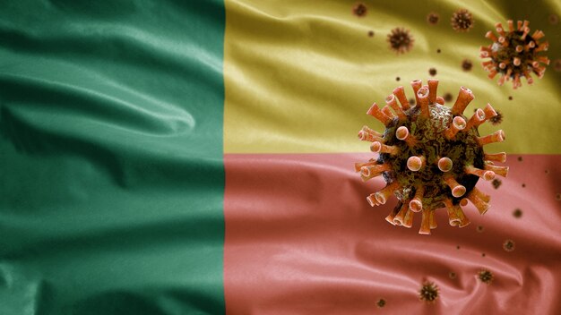 Benin bandera ondeando y virus microscopio coronavirus