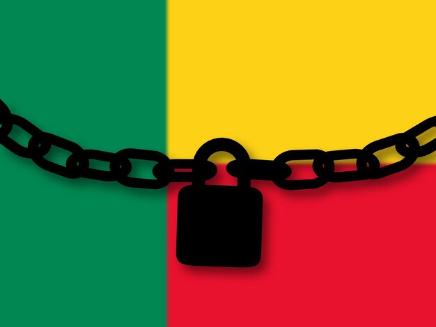 Benin-Sicherheit Silhouette einer Kette und eines Vorhängeschlosses über der Nationalflagge