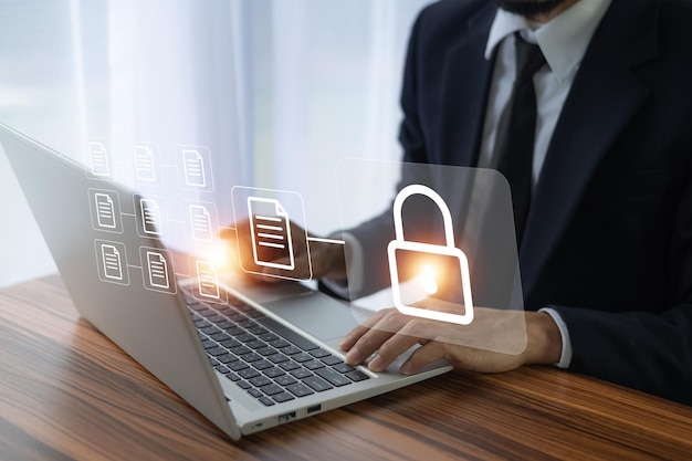 Benutzer-Cybersicherheitskonzept Benutzer-Datenschutzsicherheit und Verschlüsselung sicherer Internetzugang Zukünftige Technologie und Kybernetik-Bildschirm-Vorhängeschloss