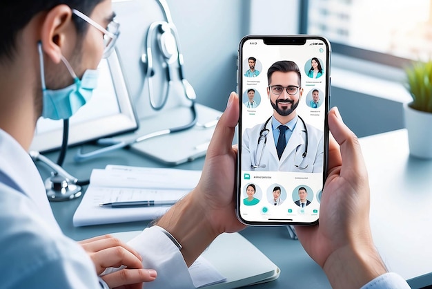 Benutzer video ruft einen Arzt mit einer Gesundheits-App auf seinem Smartphone und ein professionelles medizinisches Team verbunden Online-medizinische Konsultation Konzept