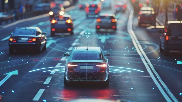 Beobachten Sie die Entfernung auf der Straße Autonomes intelligentes Auto fährt auf der Straße im Verkehr Es scannt die Straße und beobachtet die Entfernung