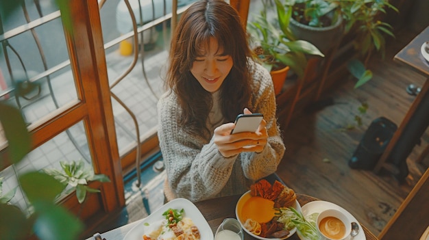 Beobachtung einer jungen Dame, die ein Smartphone benutzt, um ein Bild von ihrem Frühstück von oben in einem Café zu machen