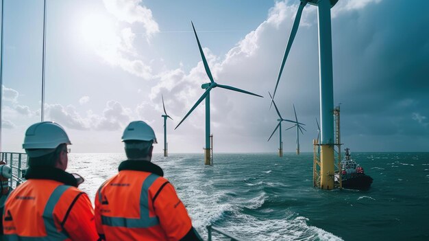 Beobachtung von Ozean-Windturbinen von einem Boot aus im Wasser aig