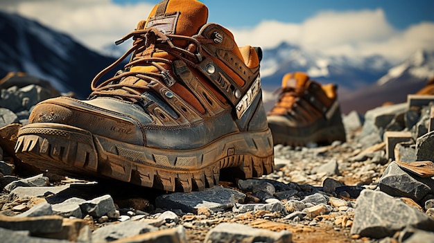 Foto bequeme wanderschuhe stehen auf einem felsen vor dem hintergrund eines regnerischen tages in den bergen. ki generierte bilder