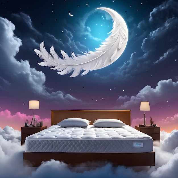 Bequemes Bett mit Mond und Sternen am Himmel