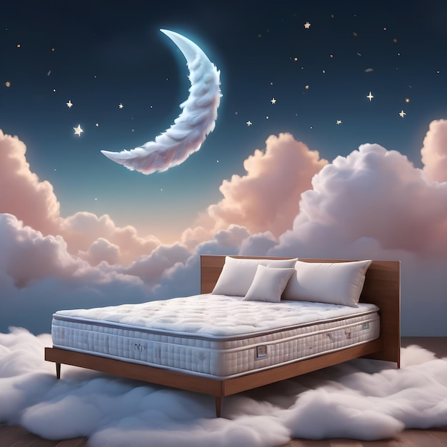 Bequemes Bett mit Mond und Sternen am Himmel