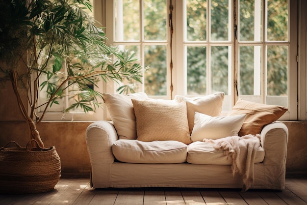 Bequemes Kissen auf dem Sofa Dekoration im Wohnzimmer Interieur Vintage Lichtfilter