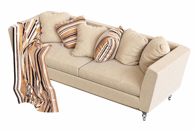 Bequemes weiches Sofa isoliert auf weißem Hintergrund, Innenmöbel, 3D-Illustration, CG-Rendering
