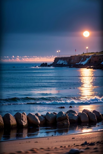 Über dem Ozean geht ein Vollmond auf, im Hintergrund ein Leuchtturm.