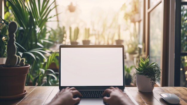 Über die Schulter von einem jungen Mann, der einen Laptop vor einem leeren weißen Computerbildschirm zu Hause benutzt