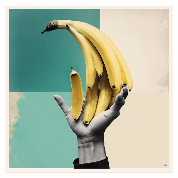Über einem bunten Hintergrund ist eine Hand zu sehen, die Bananen hält.