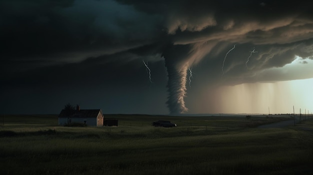 Über einem Feld ist ein Tornado zu sehen, im Hintergrund ein Haus.