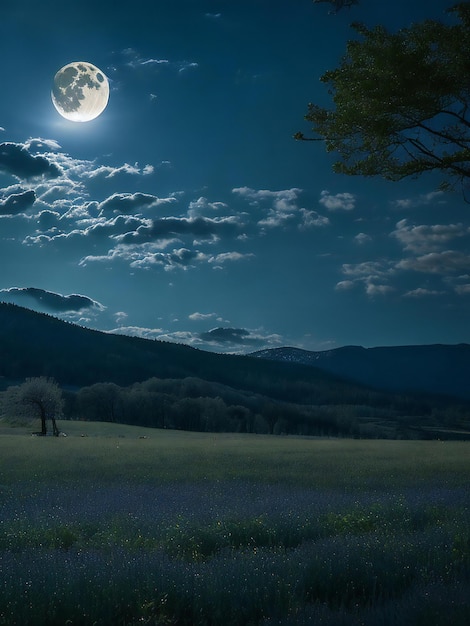 Über einem Feld ist ein Vollmond zu sehen, im Vordergrund ein Baum