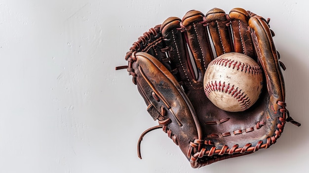 Über einem leeren weißen Setting ein Baseball und ein zerfetzter Baseballhandschuh braune Farbe mit Schmutz darauf und Raum Generative KI