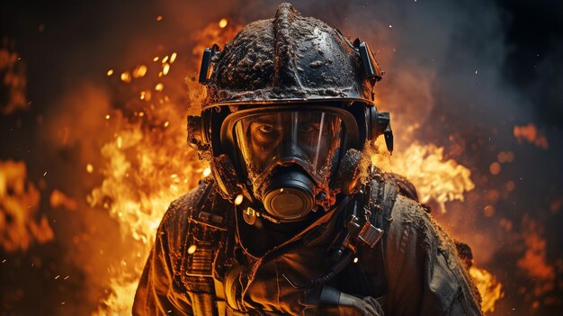 Über einem schwach beleuchteten Bereich ist ein erfahrener Feuerwehrmann zu sehen, der in Rauch und Flammen steht und eine Sauerstoffmaske trägt