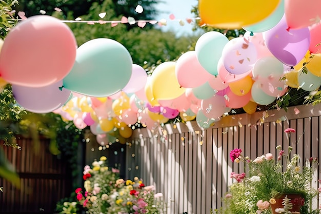 Über einem Zaun hängt eine farbenfrohe Ballonkrans mit rosa, gelben und blauen Ballons.