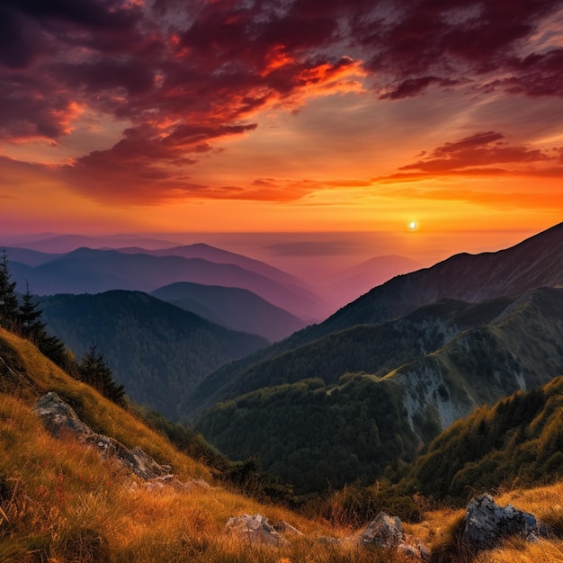 Über einer Bergkette ist ein farbenprächtiger Sonnenuntergang zu sehen.