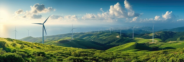 Über grünen Hügeln befinden sich WindturbinenGenerative Ai