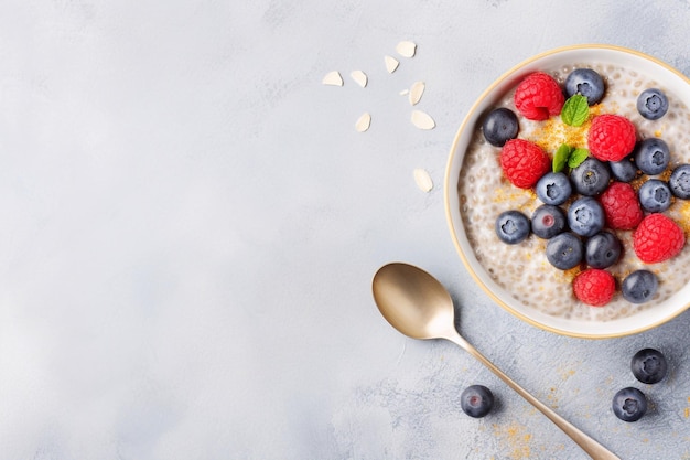 Über Nacht Chia-Samen-Pudding mit frischen Blaubeeren, Himbeeren und Kokosnussflocken in einer Schüssel mit Go