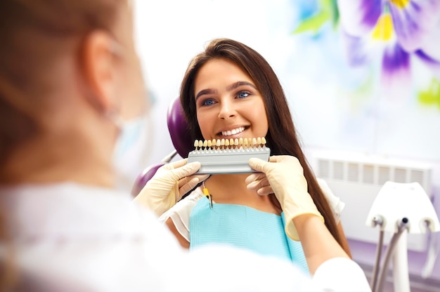 Überblick über die Kariesprävention Frau Zahnarztstuhl während eines zahnärztlichen Eingriffs. Gesundes Lächeln.