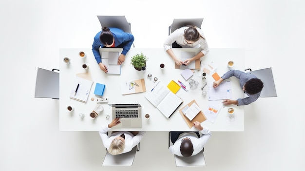 Überblick über eine Gruppe von Menschen, die mit Laptops um einen Tisch sitzen