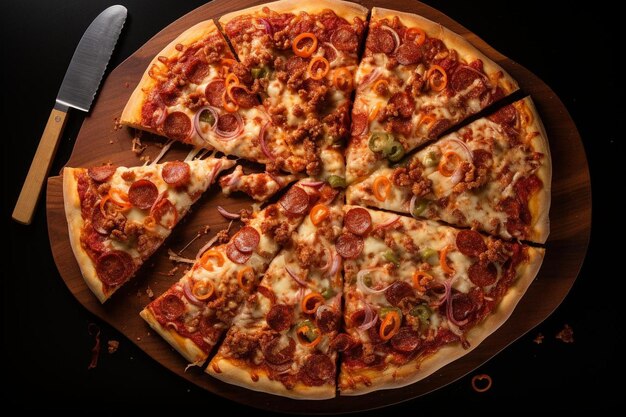 Überblick über eine Pizza, die geschnitten wird Beste Pizza-Bildfotografie