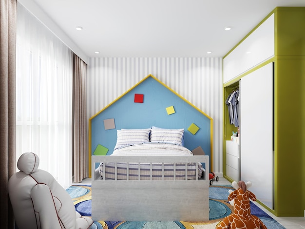 Foto berçário em branco e azul com cama alta e cabeceira em forma de casa