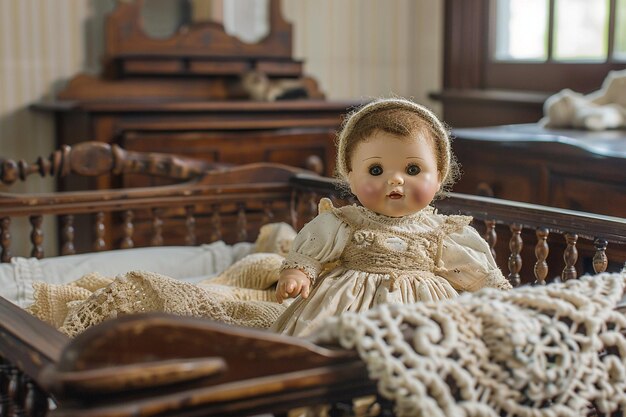 Foto berço com bonecas no quarto feitos em casa grandes brinquedos para crianças recriando a imagem da antiguidade