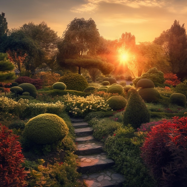 Überdachter Garten mit Stufen, die zu einem Weg führen, der zu einer generativen Aussicht auf den Sonnenuntergang führt