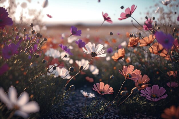 Bereich der Frühlingsblumen mit fliegenden Blütenblättern Nahaufnahme AI-Generation