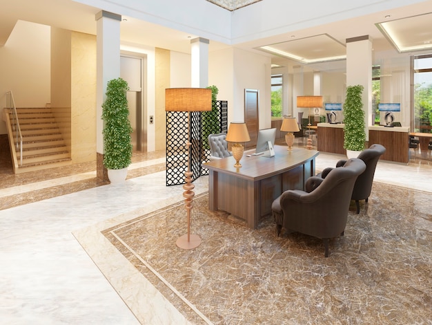 Bereich Treppe und Aufzug Indoor-Lounge-Bereich eines teuren Hotels. 3D-Rendering.