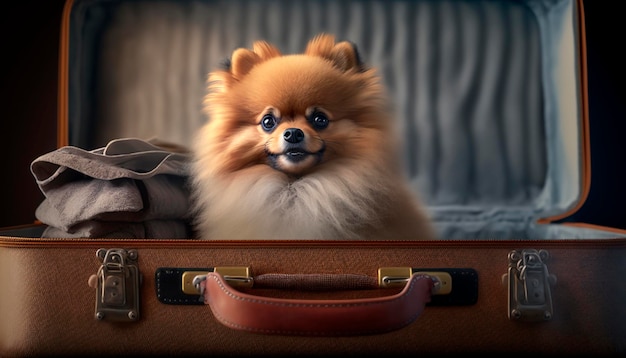 Bereit für die Reise: Entzückender Pomeranian-Hund, der in einem Koffer sitzt