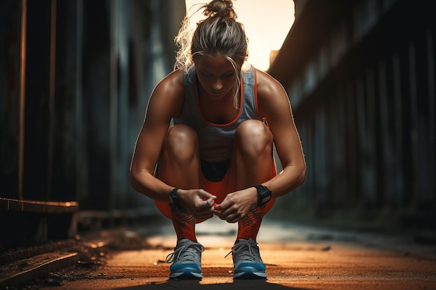 Bereit zum Joggen Eine Läuferin bindet ihre Schuhe für einen anregenden Lauf