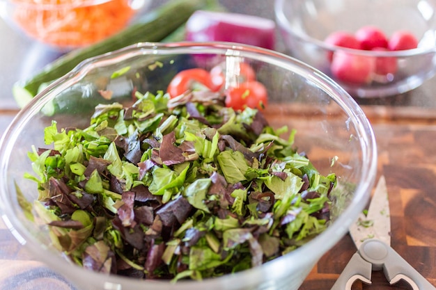 Bereiten Sie frischen Salat mit Bio-Gemüse zu.