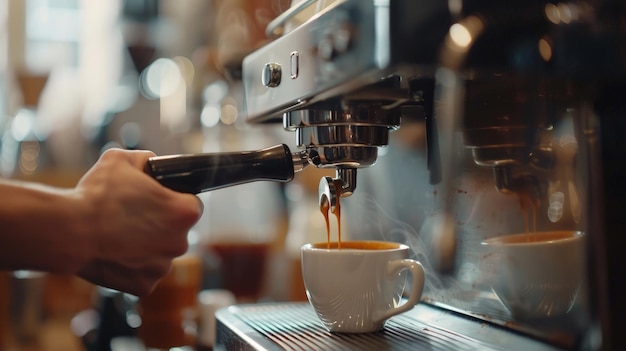 bereitet einen Espresso in seinem Café in Nahaufnahme vor