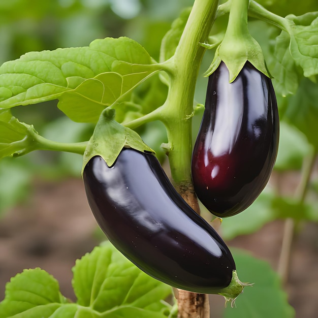 una berenjena está creciendo en una planta en un campo