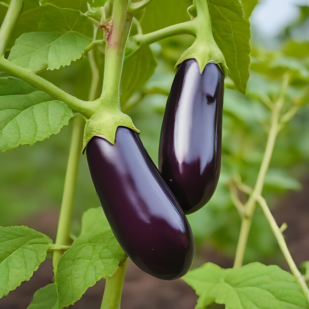 una berenjena está en una planta en un jardín