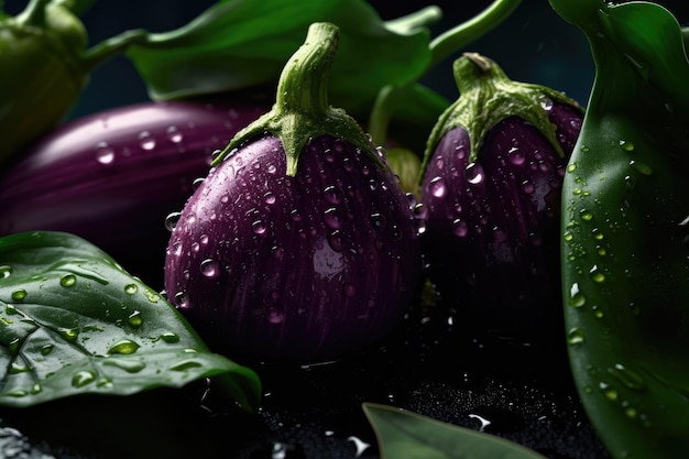 Foto berenjenas moradas sobre un fondo negro con gotas de agua