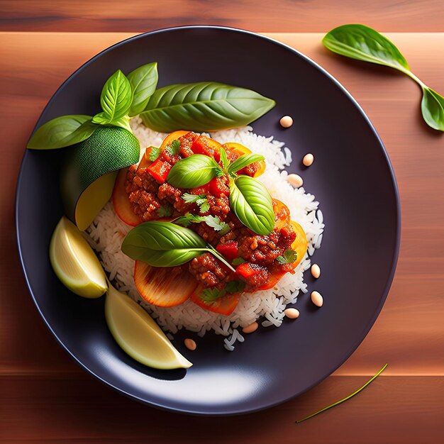 Berenjenas salteadas con carne de cerdo picada de soja y albahaca dulce