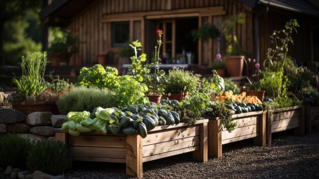 Überfallte Betten in einem städtischen Garten, in dem Pflanzen, Kräuter, Gewürze und Gemüse angebaut werden