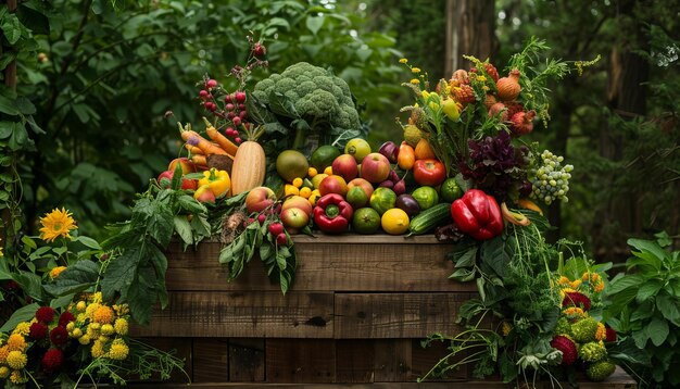 Überflüssige Ernte mit einer Vielzahl von frischem Gemüse und Obst Gesundes Essen und Bio