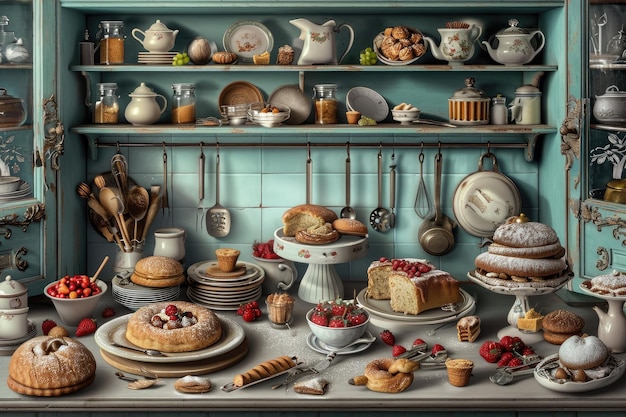 Überfluss in der Küche Ein Gemälde voller Essen Eine skurrile antike Küchenszene mit Backgeräten und Gebäck KI generiert