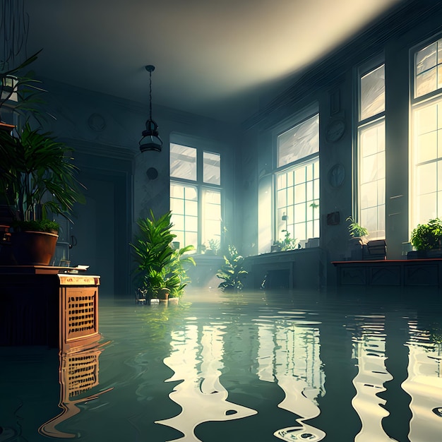 Überfluteter Raum mit Pflanzen und einer Lampe oben