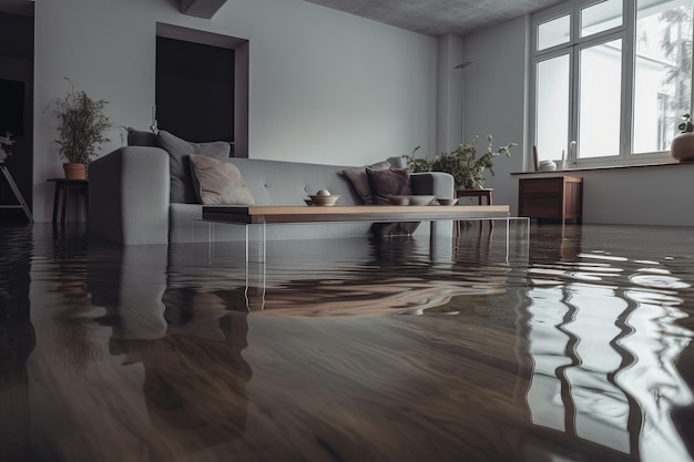 Überflutetes Wohnzimmer, Hausinnenraum, Hausversicherungskonzept, generative KI
