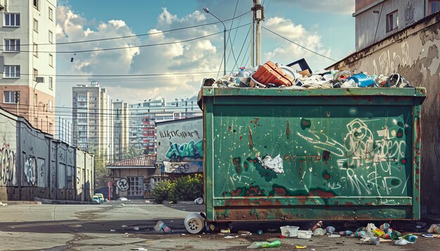 Überfüllter Müllcontainer mit städtischen Abfällen im Stadtbild