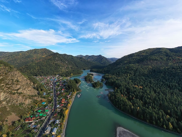 Berg Altai Fluss Draufsicht Drohne, Landschaft Altai Tourismus Draufsicht